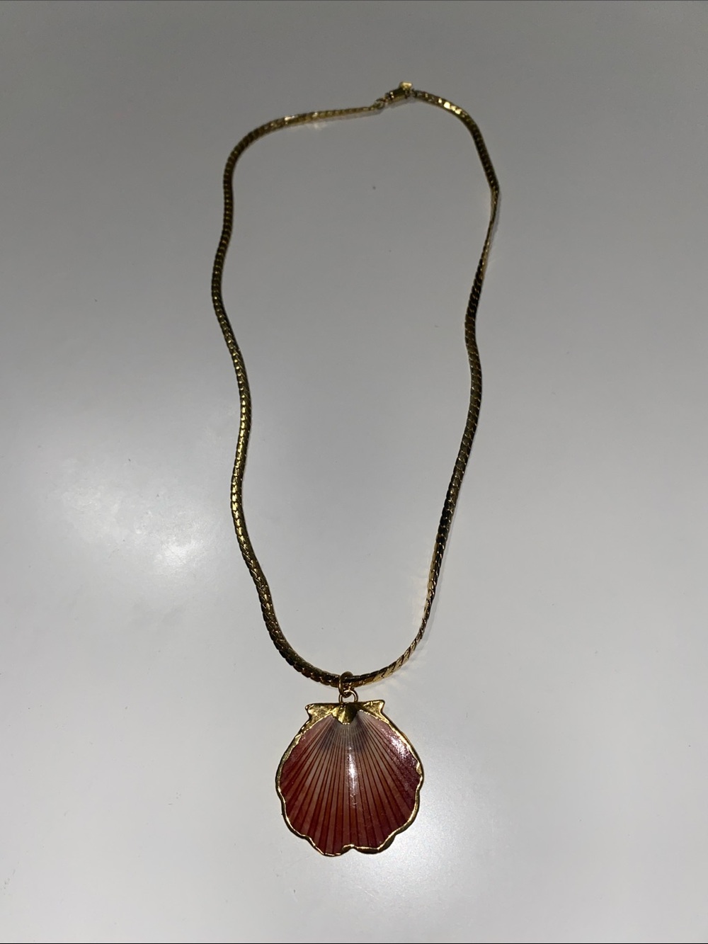 Gold Tone Snake Chain Necklace with Pink Shell Pendant
